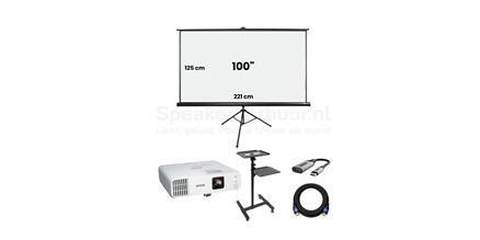 Beamer set huren zonder speakers | Beamer met projectiescherm Beamer set huren zonder speakers? Inclusief krachtige beamer en projectiescherm. Ideaal voor presentaties en vergaderingen. Direct reserveren.