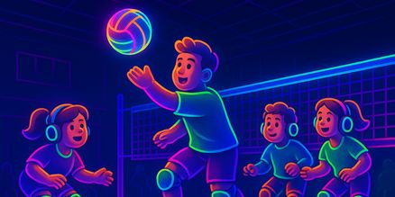 Glow in the Dark volleybal verlichting huren | Sportevent & zaal Glow in the Dark volleybal verlichting huren met UV- en LED-verlichting op statieven voor sporthal of evenement