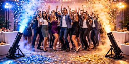 Confetti huren voor bedrijfsfeest | Professionele confetti kanon verhuur Confetti huren voor bedrijfsfeest met feestelijke confetti kanonnen en dansende gasten
