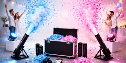 Confetti huren voor gender reveal | Confetti kanon verhuur Confetti huren voor gender reveal met blauw en roze confetti kanonnen