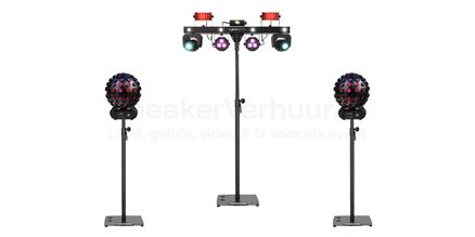 Feest verlichting set zwart huren | Complete lichtset verhuur Feest verlichting set zwart huren met discolampen op statief