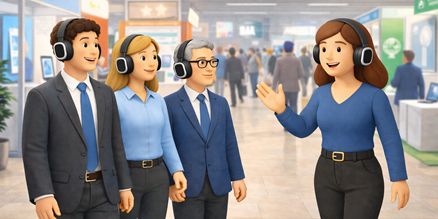 Fluisterset huren voor beurs – Communicatiesysteem voor drukke beursvloeren Fluisterset huren voor beursstand of presentatie met draadloze headsets voor optimale verstaanbaarheid in drukke hallen