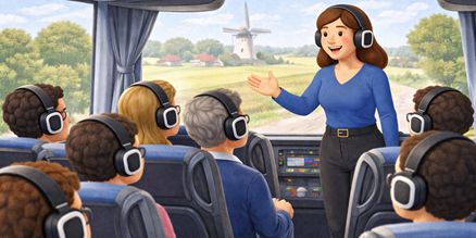 Fluisterset huren voor bustour – Professioneel tourguide systeem Fluisterset huren voor bustour met draadloze ontvangers zodat passagiers de gids duidelijk kunnen verstaan