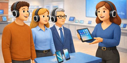 Fluisterset huren voor productdemonstratie – Draadloze headset set Fluisterset huren voor productdemonstratie zodat klanten en bezoekers duidelijke uitleg krijgen zonder omgevingsgeluid
