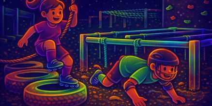 Glow in the Dark obstacle run verlichting huren | Event & parcours Glow in the Dark obstacle run verlichting huren met UV- en LED-verlichting op statieven voor parcours of evenement