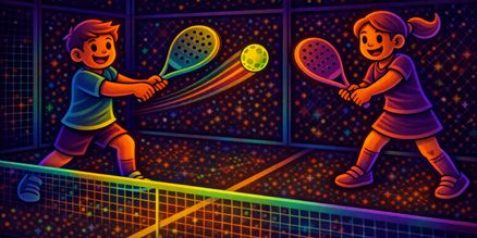 Glow in the Dark Pickleball illustratie – Neon blacklight sportafbeelding Glow in the Dark pickleball illustratie met twee kinderen die spelen op een neon verlicht veld, in kleurrijke blacklight cartoonstijl.