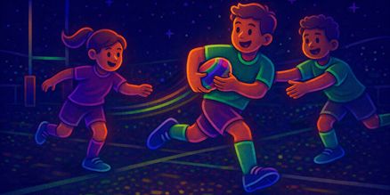 Glow in the Dark rugby verlichting huren | Sportevent & terrein Glow in the Dark rugby verlichting huren met UV- en LED-verlichting op statieven voor sportveld of evenement