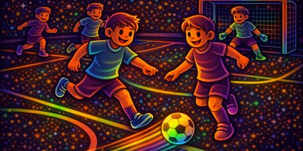 Glow in the Dark zaalvoetbal illustratie – Blacklight indoor voetbal afbeelding Glow in the Dark zaalvoetbal illustratie met kinderen die indoor voetbal spelen op een neon verlicht veld in blacklight stijl.