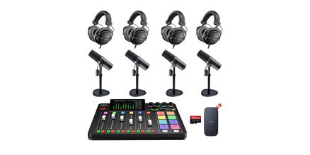 Professionele Plug-and-Play Podcastset Huren Complete podcastset met microfoons, hoofdtelefoons en mixer voor interviews, podcasts en opnames op locatie.