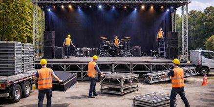 Podium huren inclusief opbouw | Mobiel podium verhuur Mobiel podium huren inclusief professionele opbouw met losse vloerdelen en stabiele podiumconstructie voor evenement