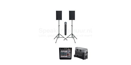 presentatie set voor buiten op accu huren | SpeakerVerhuur.nl presentatie geluidsset voor buiten op accu met speakers en microfoon