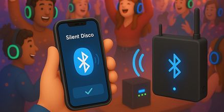 Silent Disco Bluetooth Huren – Draadloze Verbinding voor Koptelefoons en Sets Silent disco bluetooth huren voor draadloze audioverbinding met silent disco koptelefoons en zenders. Ideaal voor kleine feesten, presentaties en mobiele setups.