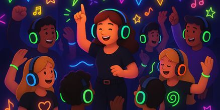 Silent Disco Glow-in-the-Dark Set Huren – Neon Party met Draadloze Koptelefoons Silent disco glow-in-the-dark set huren met draadloze koptelefoons, neon verlichting en lichtgevende accessoires voor een unieke kleurrijke silent party.