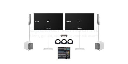 TV scherm set wit met geluid huren | Complete witte audiovisuele set | SpeakerVerhuur.nl Witte TV scherm set met geluid huren inclusief professionele speakers voor presentatie of evenement