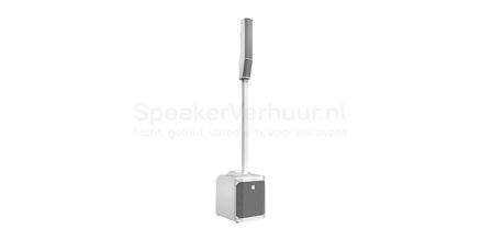 Witte column speaker met subwoofer voor helder geluid bij feest of presentatie