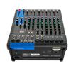 Aansluitingen van de Yamaha MG12XU met XLR-, jack- en RCA-ingangen, USB-interface, AUX-uitgangen en +48V fantoomvoeding.