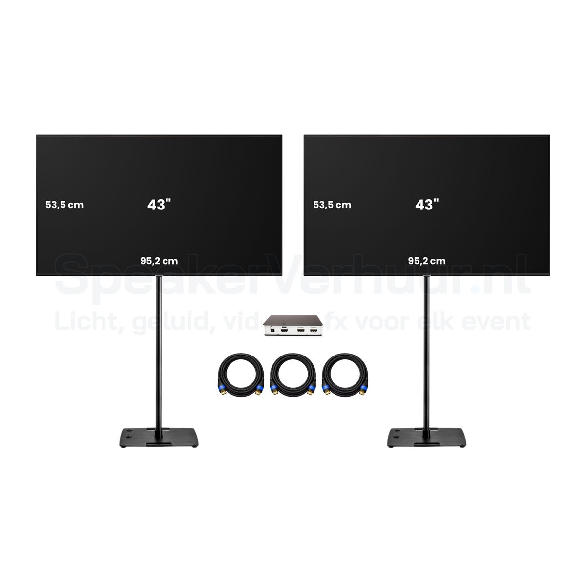 2x 43 inch TV scherm set op zwarte standaarden huren voor presentaties, beurzen, evenementen en vergaderingen
