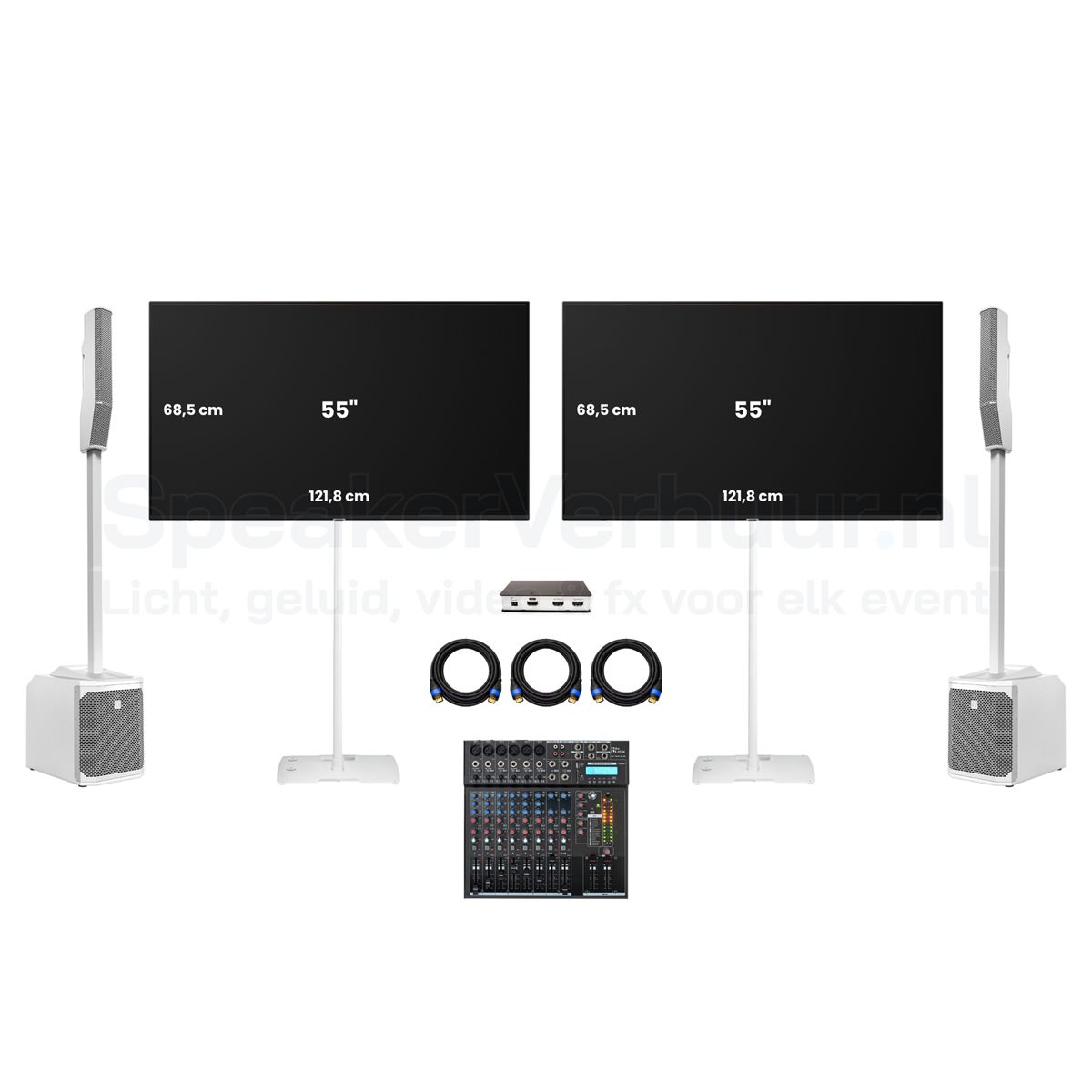 2x 55 Inch TV Scherm Set Wit met Geluid Huren | Professionele Displays | SpeakerVerhuur.nl 2x 55 inch TV scherm set op witte standaarden met geluid huren voor presentaties, beurzen, evenementen en vergaderingen