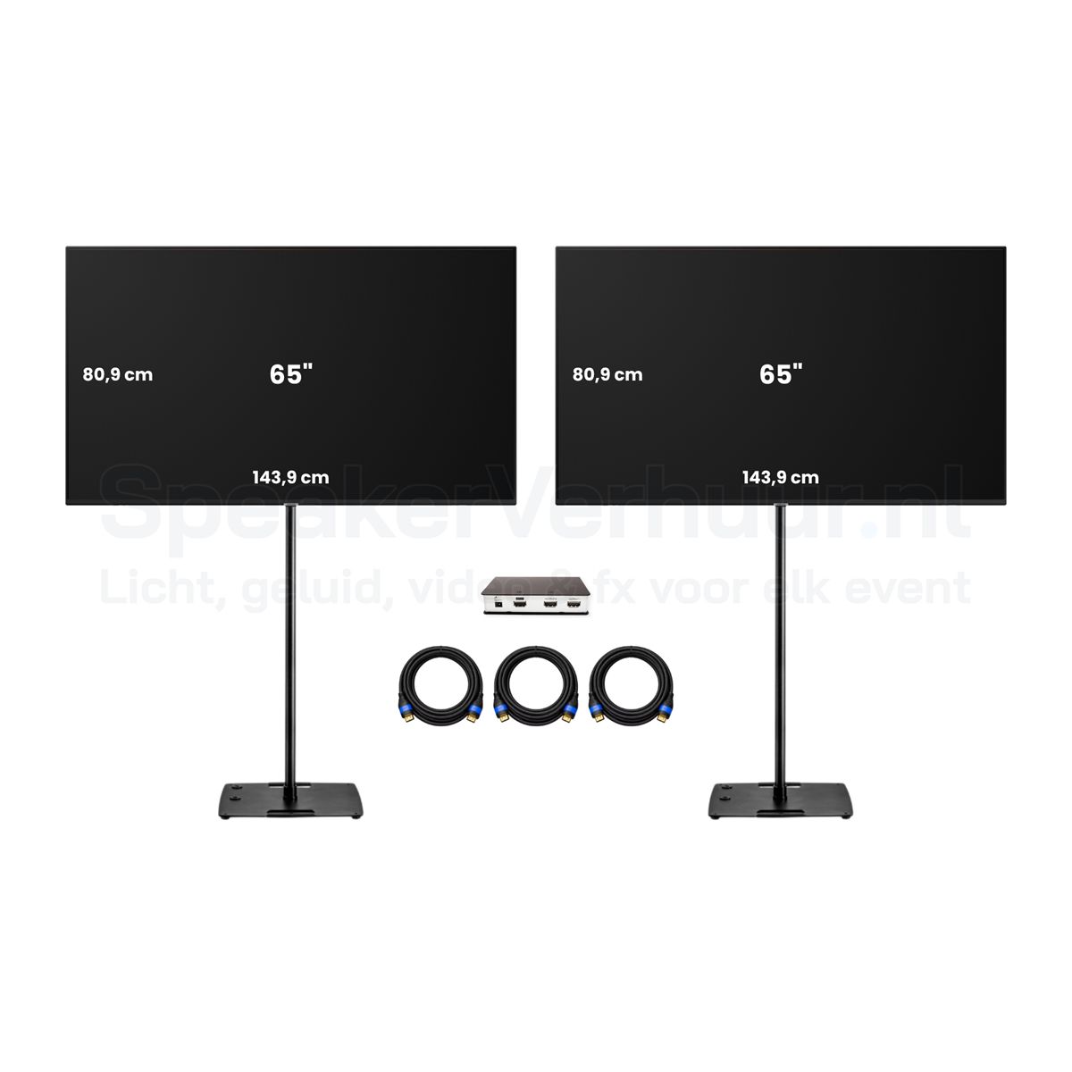 2x 65 inch TV scherm set op zwarte standaarden huren voor presentaties, beurzen, evenementen en vergaderingen