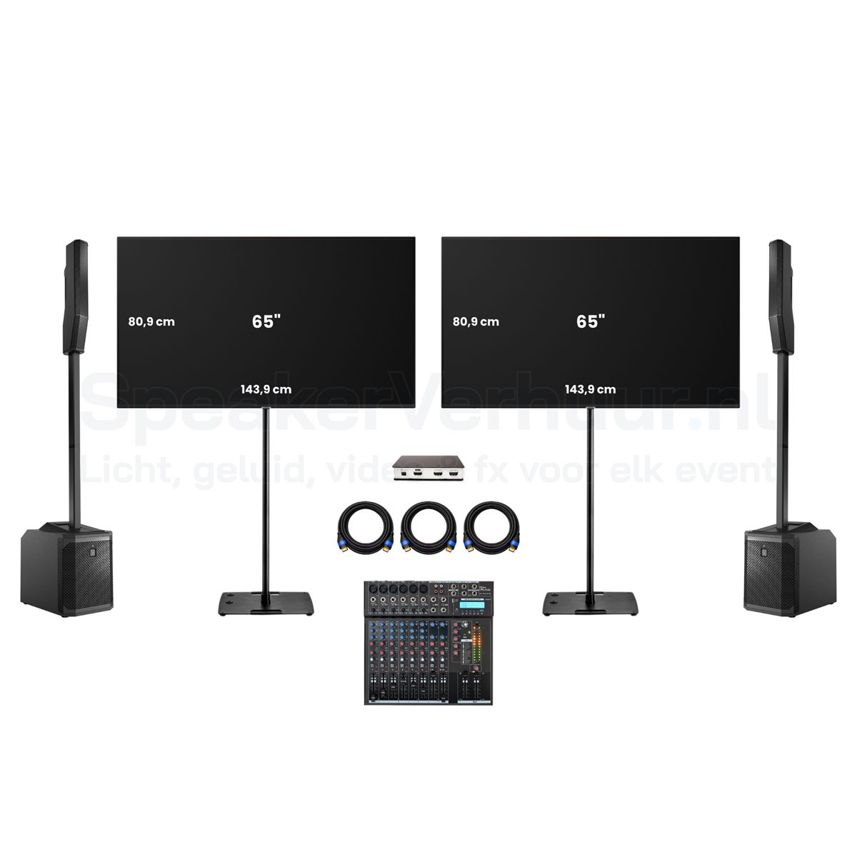 2x 65 inch TV scherm set op zwarte standaarden met geluid huren voor presentaties, beurzen, evenementen en vergaderingen
