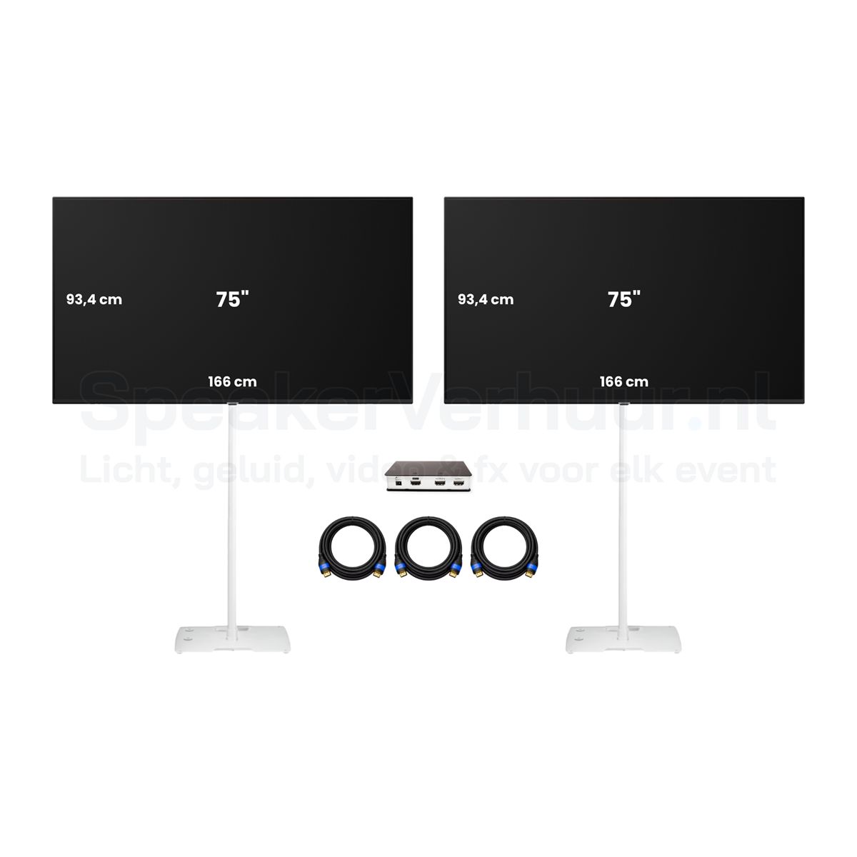 2x 75 inch TV scherm set op witte standaarden huren voor presentaties, beurzen, evenementen en vergaderingen