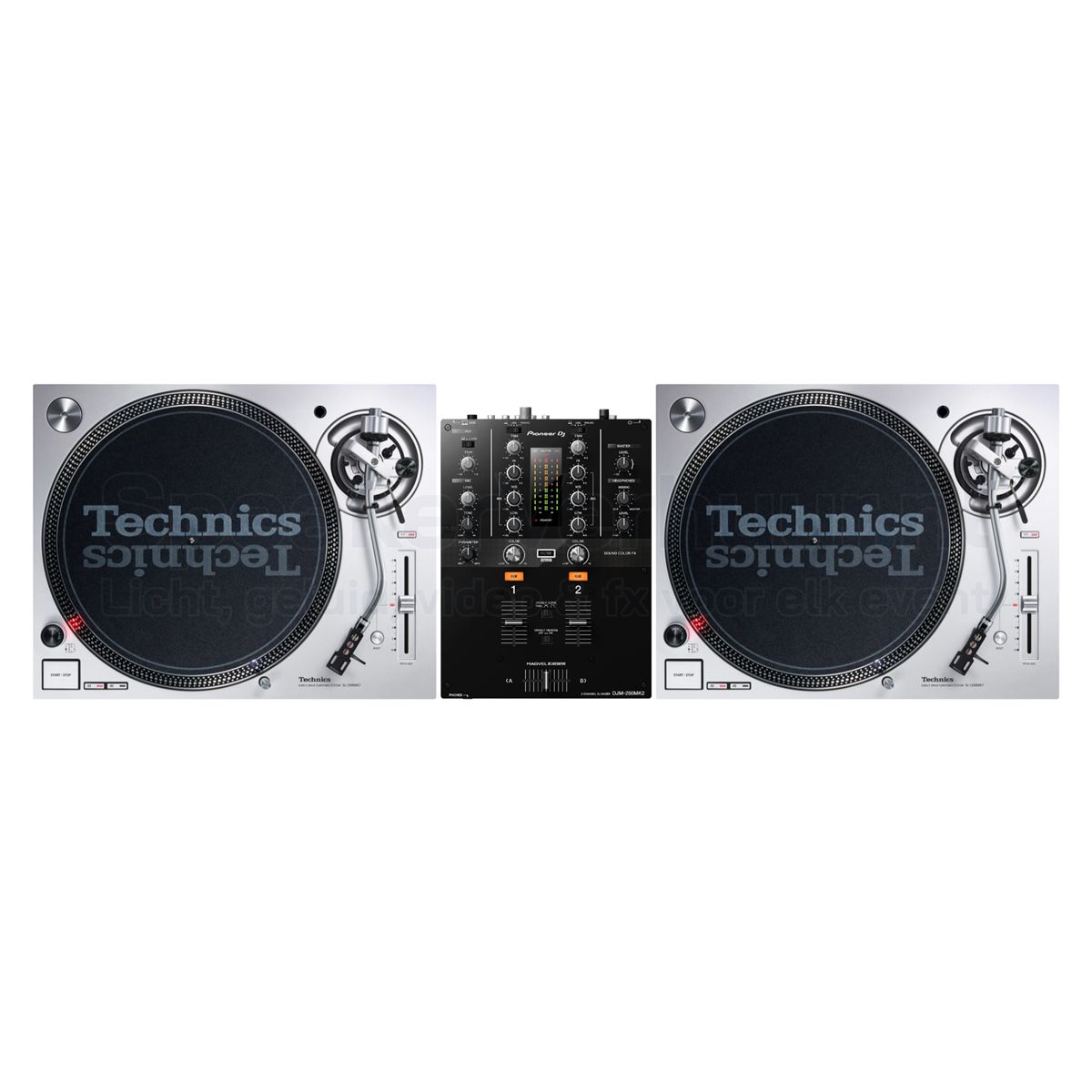 2x Technics SL-1200MK7 vinyl draaitafels en Pioneer DJ DJM-250MK2 DJ mixer huren voor DJ-sets, clubs, evenementen en vinyloptredens