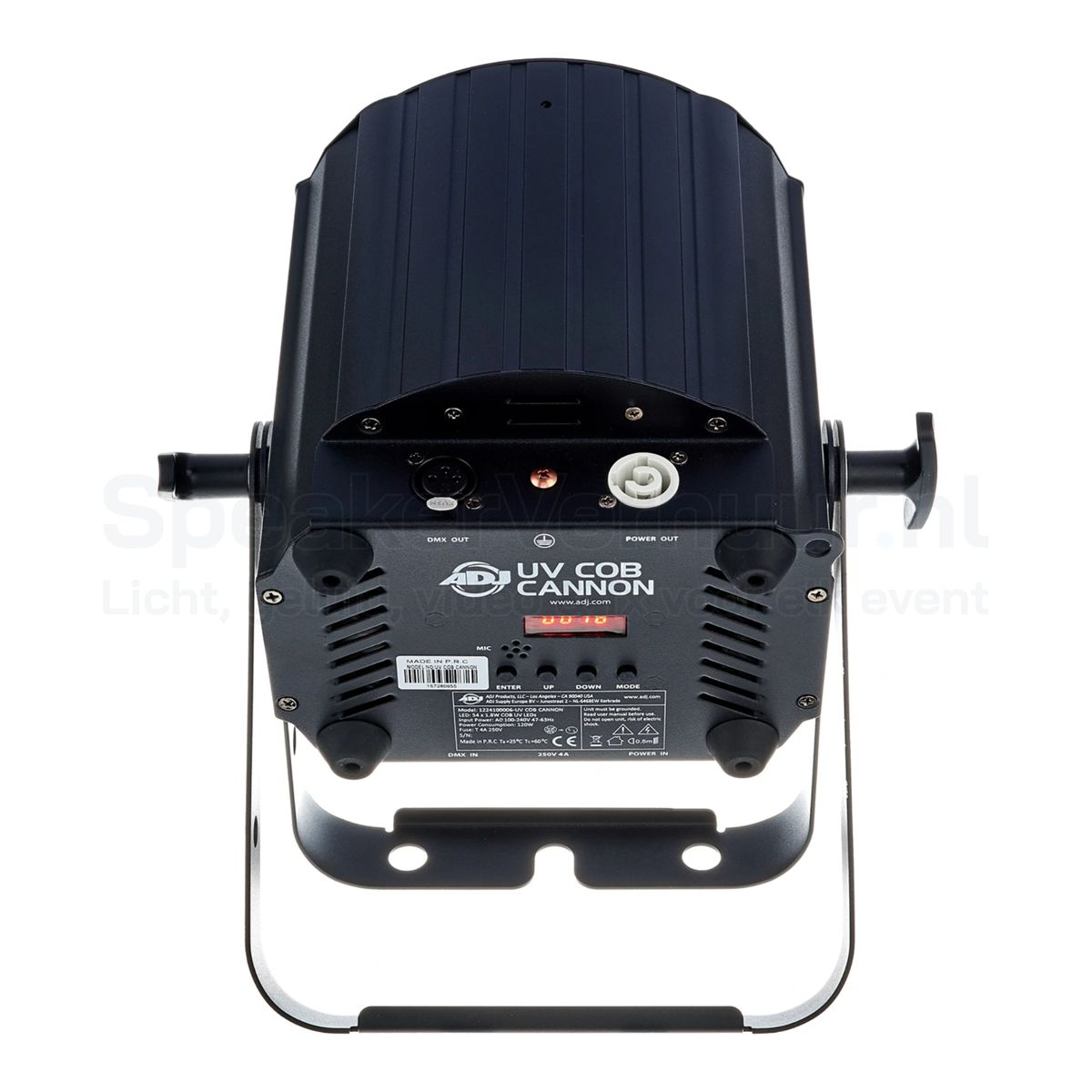 ADJ UV COB Cannon 100W blacklight spot achterkant huren | SpeakerVerhuur.nl Achterzijde van de ADJ UV COB Cannon 100W blacklight spot met DMX-in- en uitgang, stroomaansluiting, bedieningspaneel en koeling voor professioneel gebruik tijdens evenementen en shows.