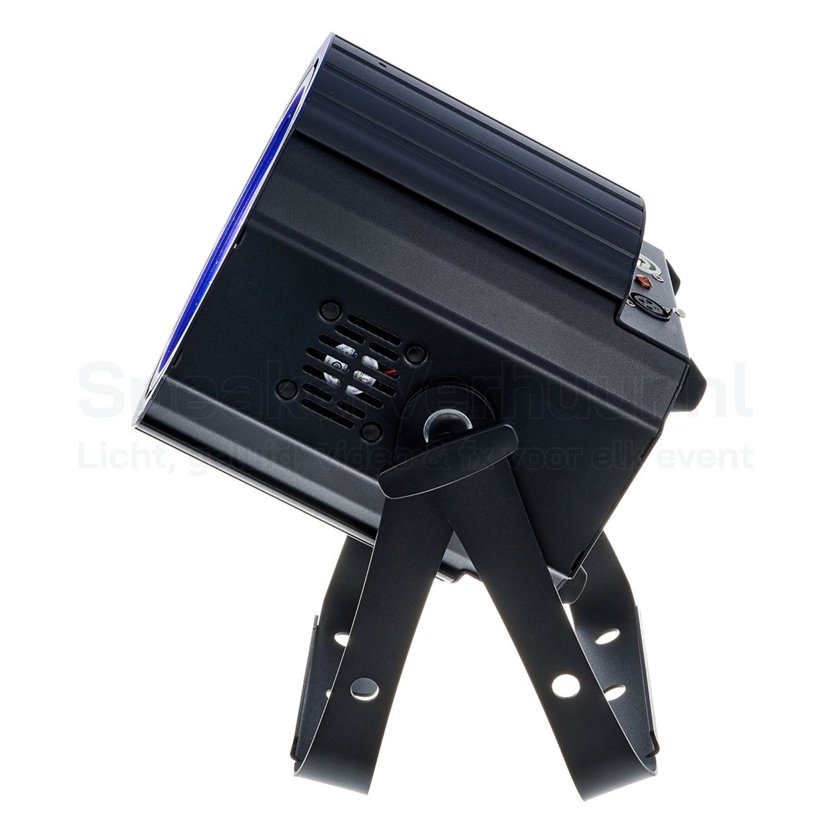 ADJ UV COB Cannon 100W blacklight spot zijkant huren | SpeakerVerhuur.nl Zijaanzicht van de ADJ UV COB Cannon 100W blacklight spot met robuuste behuizing, verstelbare montagebeugel en professionele afwerking voor evenementen en producties.