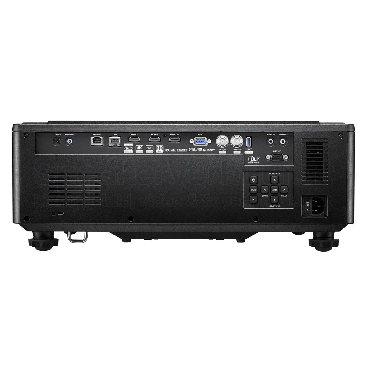 Aansluitingen van een 8800 lumen 4K beamer met HDMI-, DisplayPort-, netwerk- en audioverbindingen voor professioneel gebruik.