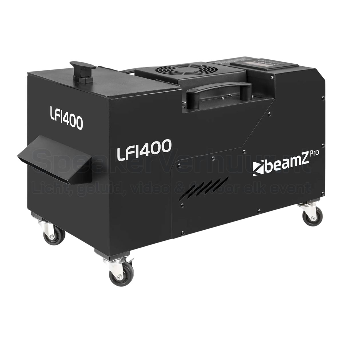 Vooraanzicht van de BeamZ Professional LF1400 low fogger met robuuste behuizing en krachtige uitgang voor laaghangende rook.