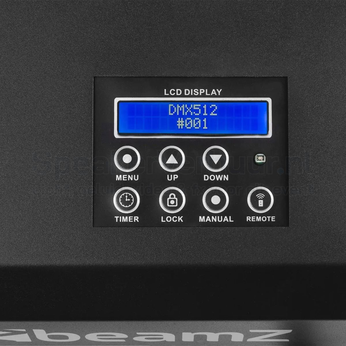 BeamZ SB2000LED bediening huren | SpeakerVerhuur.nl Bedieningspaneel van de BeamZ SB2000LED rook- en bellenblaasmachine met display, instelknoppen, DMX-bediening en aansluitingen.