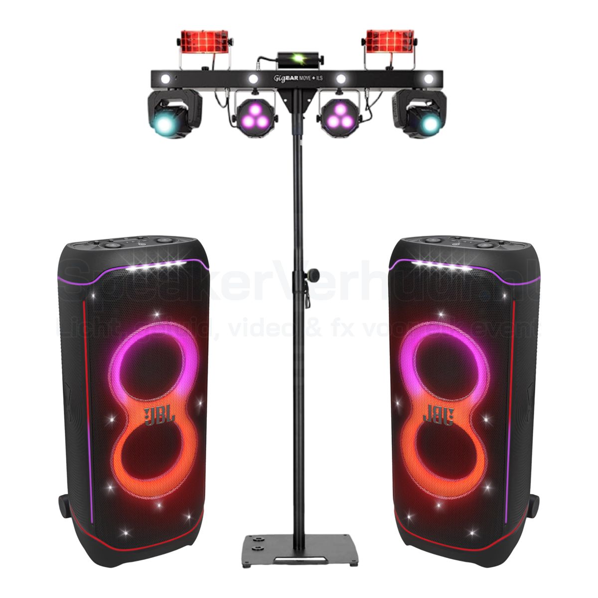 Bluetooth party pakket voor 100 personen huren met 2x JBL PartyBox Ultimate en Chauvet GigBAR Move voor feesten en evenementen