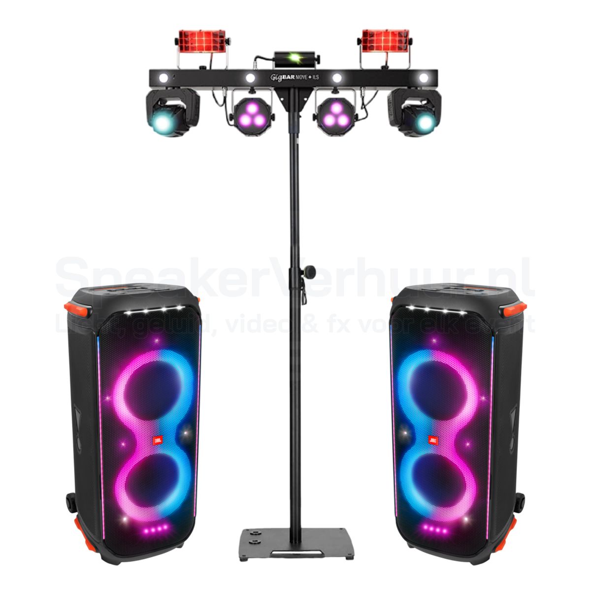 Bluetooth Party Pakket 75 Personen Huren | 2x JBL PartyBox 710 + Chauvet GigBAR Move | SpeakerVerhuur.nl Bluetooth party pakket voor 75 personen huren met 2x JBL PartyBox 710 en Chauvet GigBAR Move voor feesten en evenementen