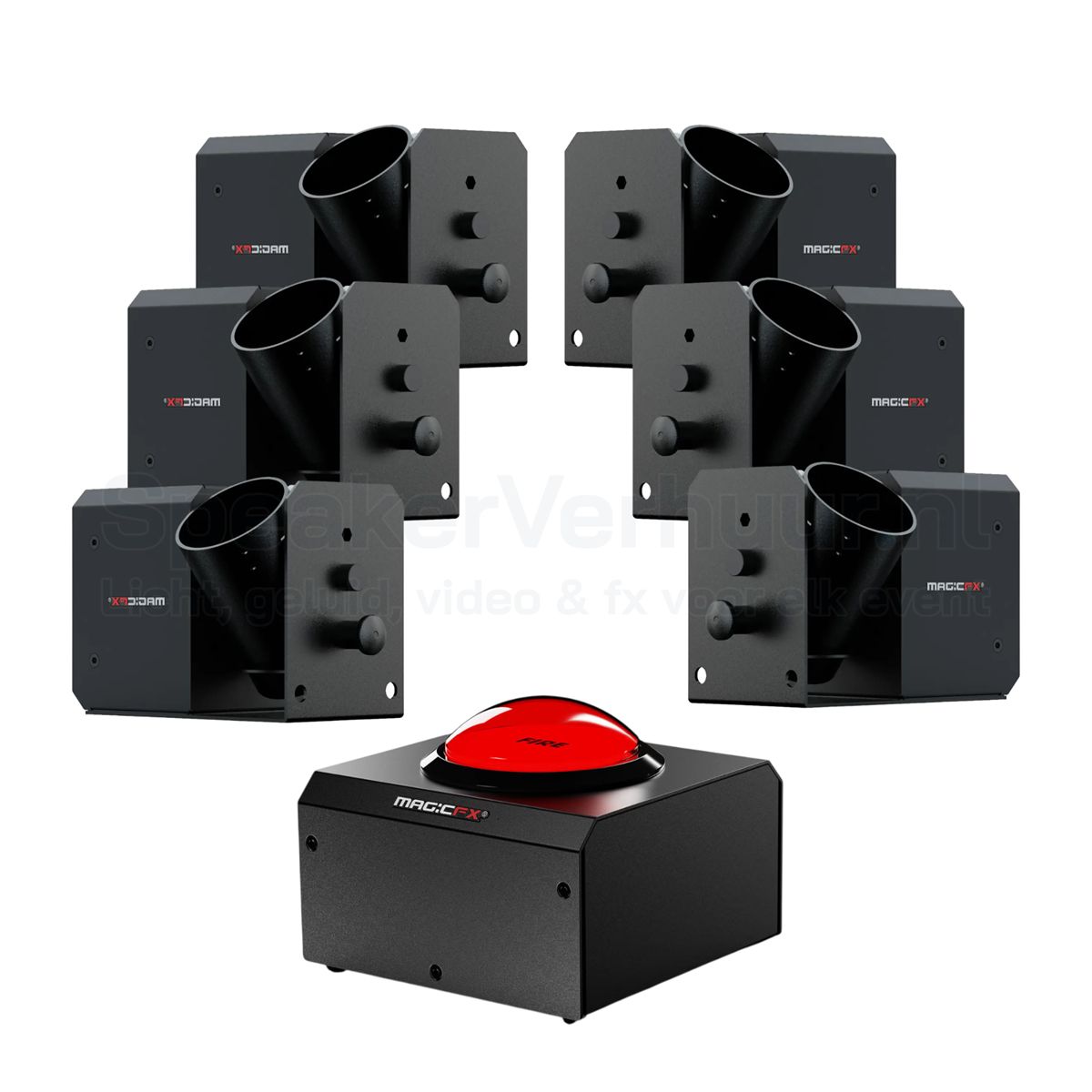 Confetti set huren - 6 kanonnen met afvuurknop | SpeakerVerhuur.nl Confetti set huren met 6 elektrische confettikanonnen en afvuurknop voor grote evenementen, shows, festivals en spectaculaire confettimomenten.
