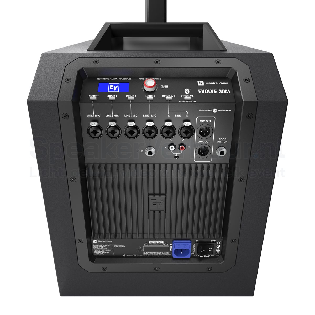 Electro-Voice Evolve 30M aansluitingen huren | SpeakerVerhuur.nl Aansluitingen van de zwarte Electro-Voice Evolve 30M met XLR-, jack- en PowerCON-aansluitingen, ingebouwde digitale mixer en Bluetooth-audio voor professioneel gebruik.