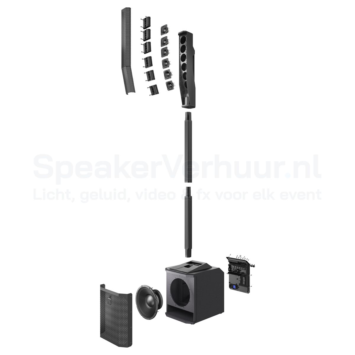 Electro-Voice Evolve 30M exploded weergave huren | SpeakerVerhuur.nl Exploded weergave van de zwarte Electro-Voice Evolve 30M met subwoofer, afstandspaal en luidsprekerkolom voor een duidelijke weergave van alle onderdelen.