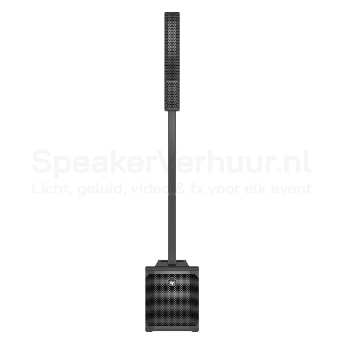 Electro-Voice Evolve 30M voorkant huren | SpeakerVerhuur.nl Vooraanzicht van de zwarte Electro-Voice Evolve 30M column speaker met slanke luidsprekerkolom en krachtige subwoofer.