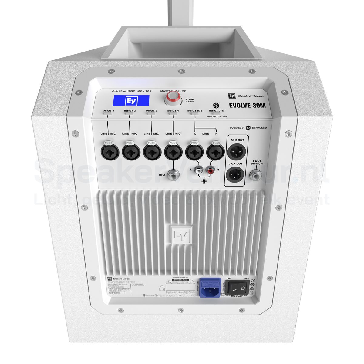 Electro-Voice Evolve 30M (wit) aansluitingen huren | SpeakerVerhuur.nl Aansluitingen van de witte Electro-Voice Evolve 30M met XLR-, jack- en PowerCON-aansluitingen, ingebouwde digitale mixer en Bluetooth-audio voor professioneel gebruik.