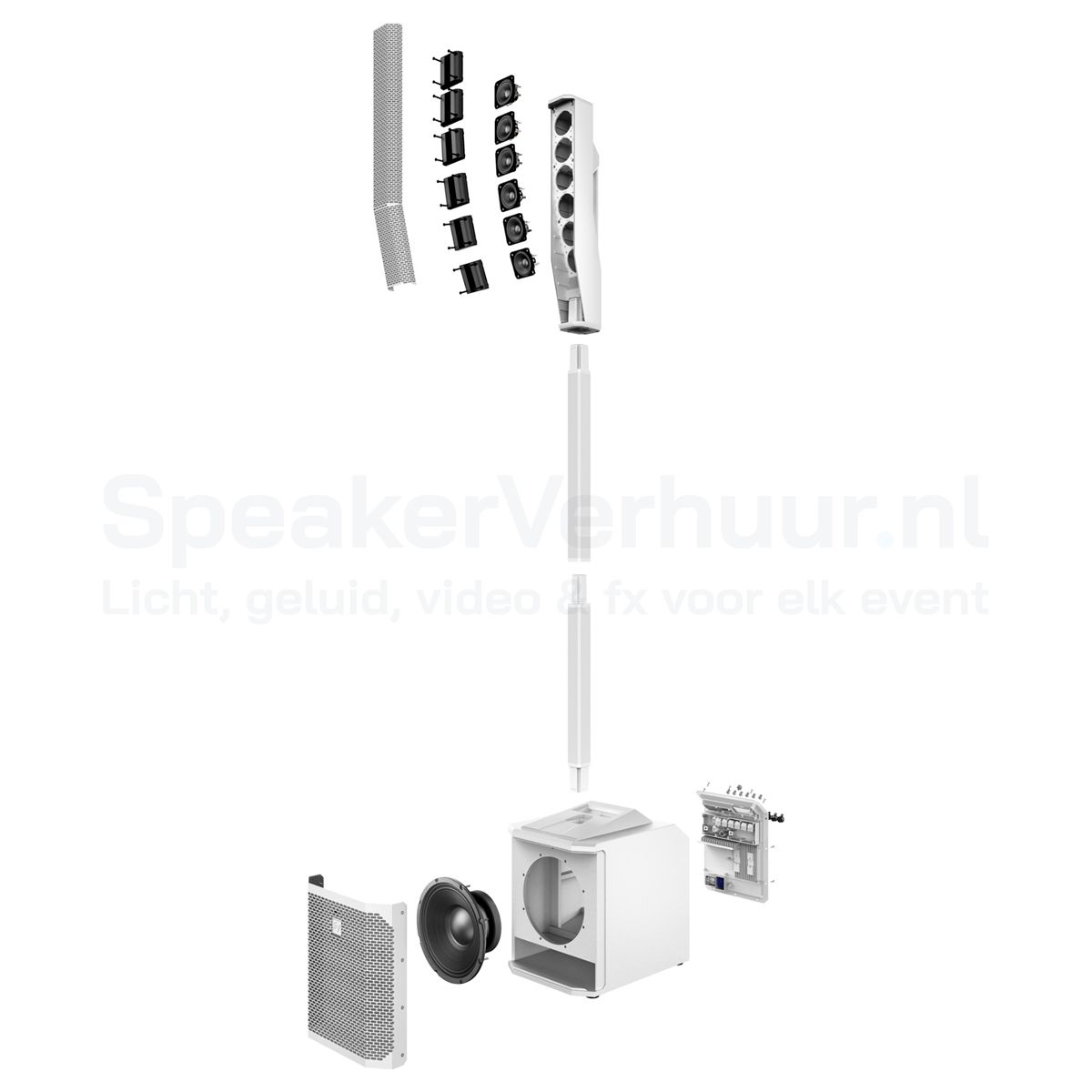 Electro-Voice Evolve 30M (wit) exploded weergave huren | SpeakerVerhuur.nl Exploded weergave van de witte Electro-Voice Evolve 30M met subwoofer, afstandspaal en luidsprekerkolom voor een duidelijke weergave van alle onderdelen.