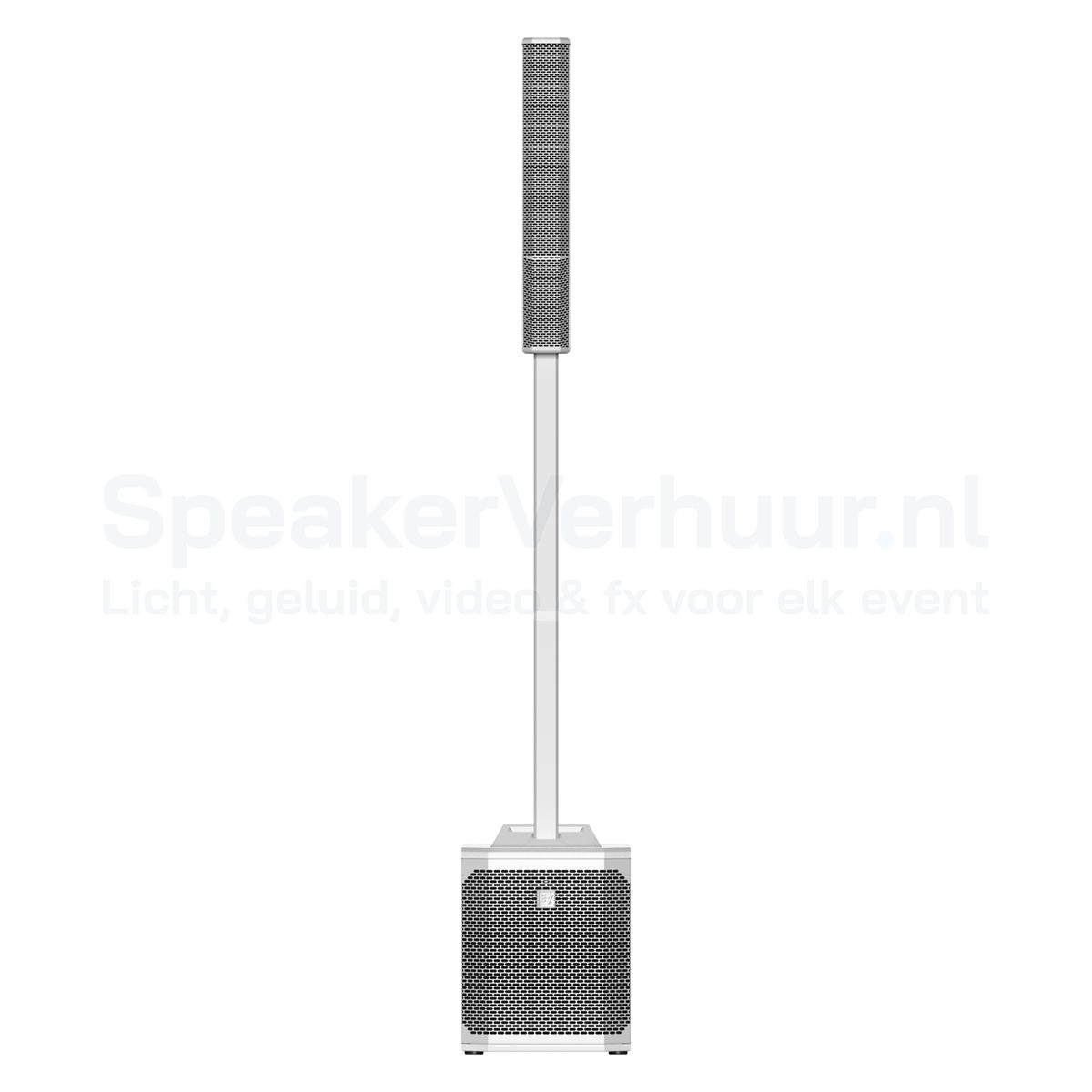 Electro-Voice Evolve 30M (wit) voorkant huren | SpeakerVerhuur.nl Vooraanzicht van de witte Electro-Voice Evolve 30M column speaker met slanke luidsprekerkolom en krachtige subwoofer.