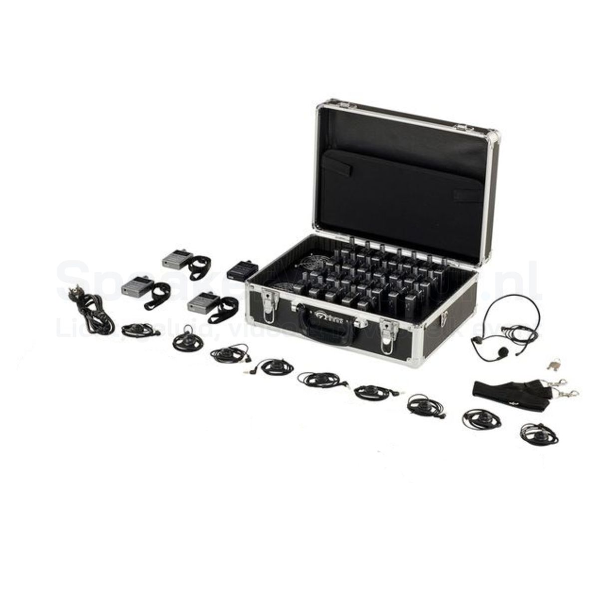 Fluisterset voor 10 personen huren inclusief transport- en oplaadkoffers, zender, ontvangers en headsets voor rondleidingen, presentaties en evenementen.