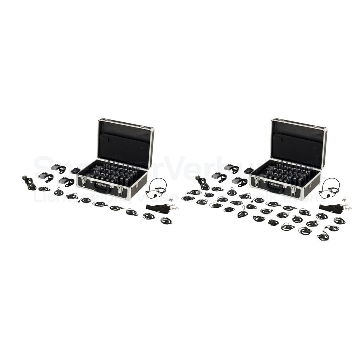 Fluisterset voor 40 personen huren inclusief transport- en oplaadkoffers, zender, ontvangers en headsets voor rondleidingen, presentaties en evenementen.
