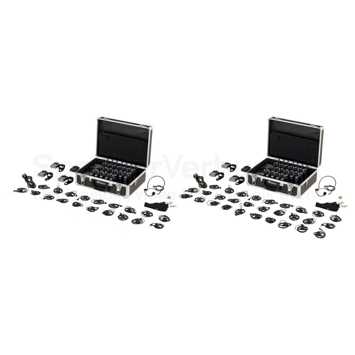 Fluisterset voor 50 personen huren inclusief transport- en oplaadkoffers, zender, ontvangers en headsets voor rondleidingen, presentaties en evenementen.