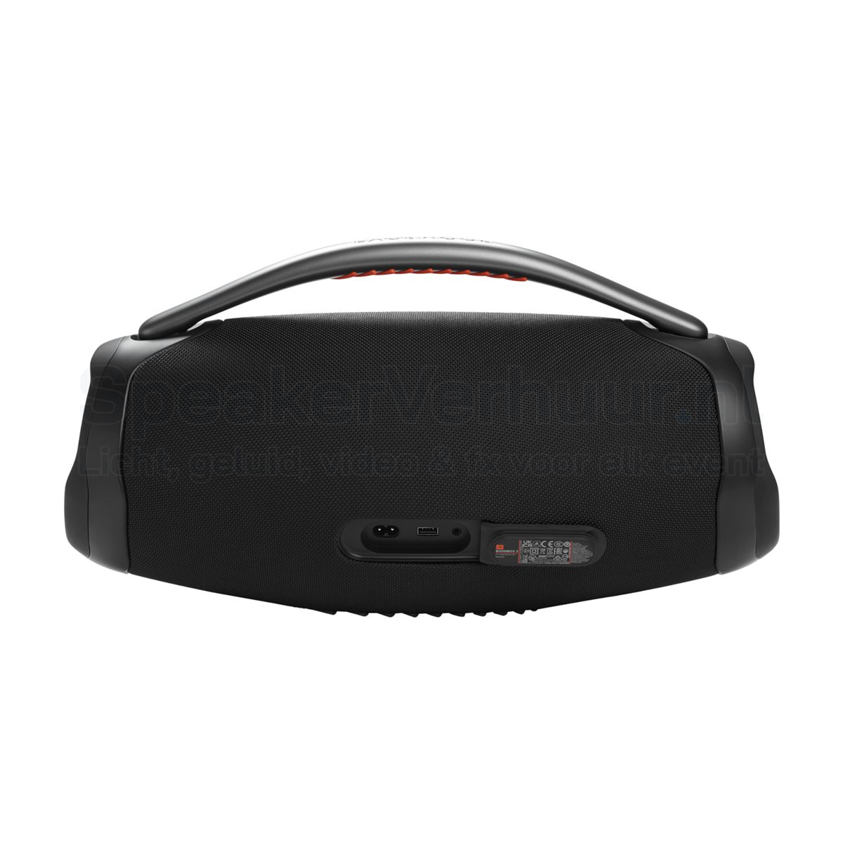 JBL Boombox 3 achterkant huren | SpeakerVerhuur.nl Achterzijde van de JBL Boombox 3 met aansluitingen, beschermklep en stevige behuizing voor professioneel gebruik.