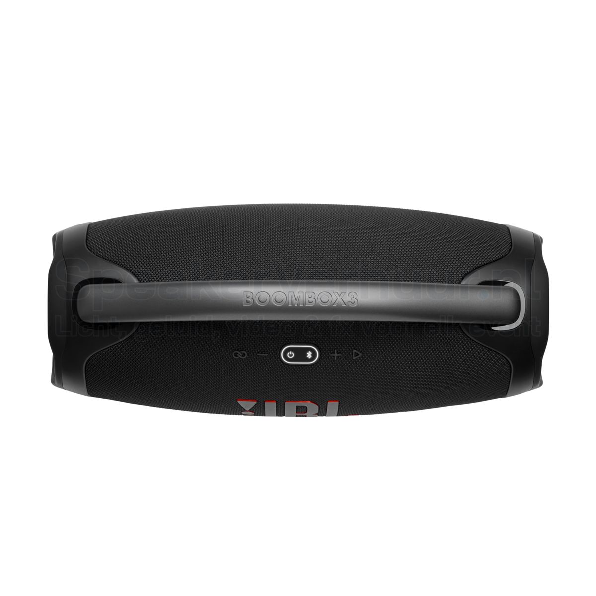 JBL Boombox 3 bediening bovenkant huren | SpeakerVerhuur.nl Bovenzijde van de JBL Boombox 3 met bedieningsknoppen voor volume, Bluetooth, afspelen en aan-uitfunctie.