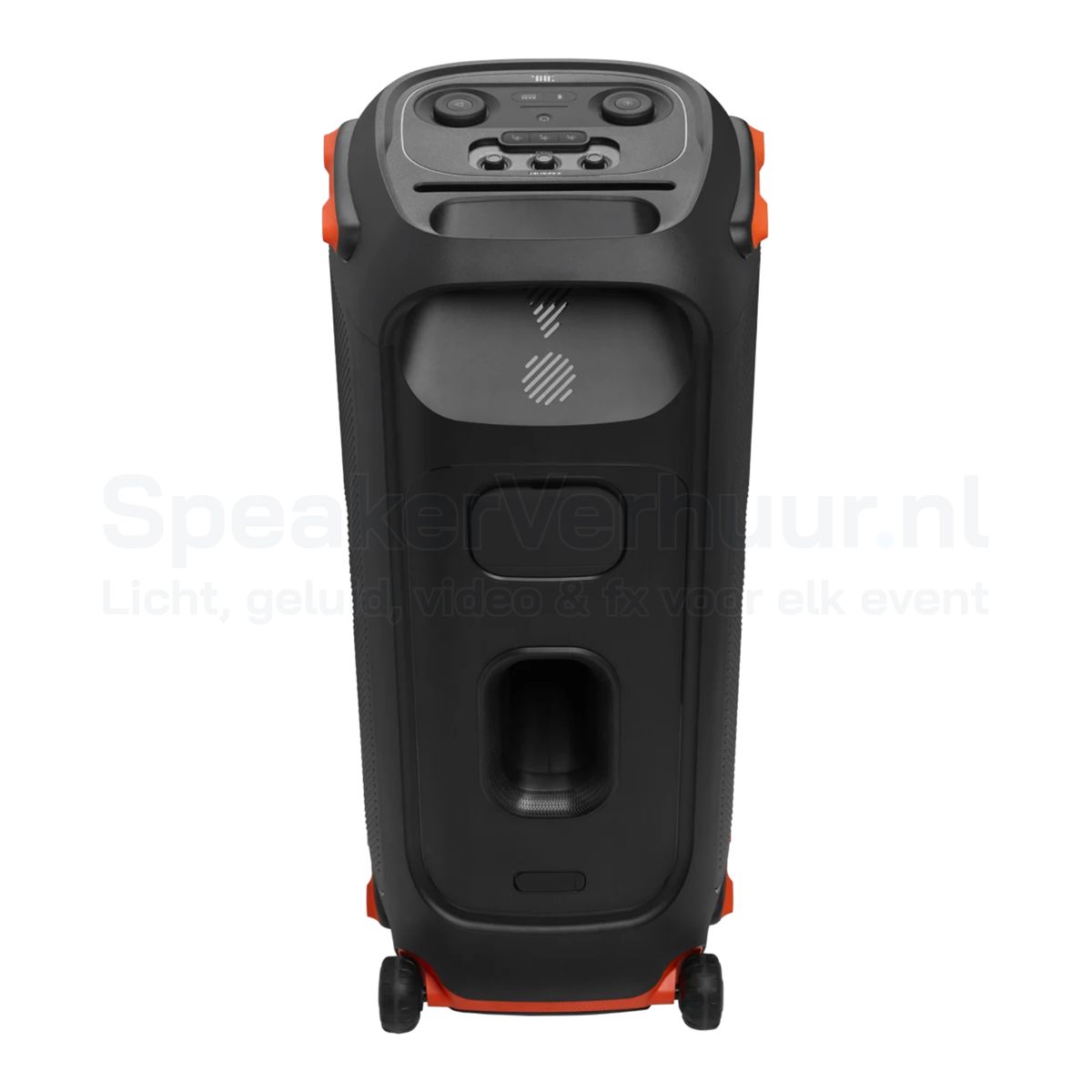 Achterzijde van de JBL PartyBox 710 met aansluitingen, bedieningspaneel en stroomaansluiting voor professioneel gebruik.