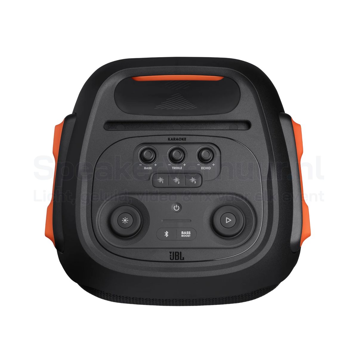 Bovenzijde van de JBL PartyBox 710 met verlichte bedieningsknoppen voor volume, lichteffecten en audiobediening.