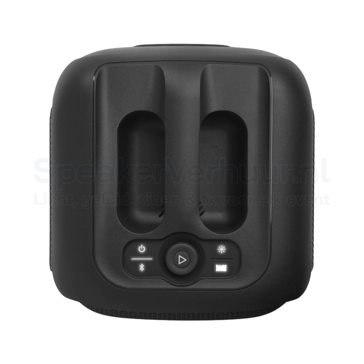 JBL PartyBox Encore Essential bediening bovenkant huren | SpeakerVerhuur.nl Bovenzijde van de JBL PartyBox Encore Essential met bedieningsknoppen voor volume, afspelen, Bluetooth en lichteffecten.