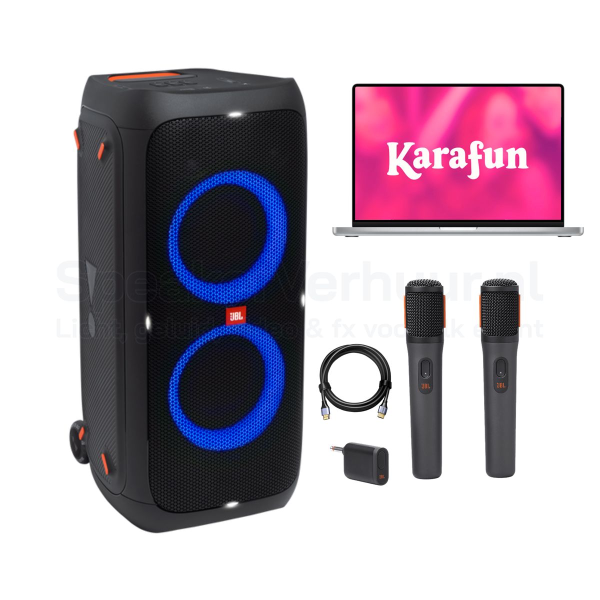 JBL PartyBox karaoke set met KaraFun MacBook voor 25 personen huren inclusief aansluiting op een TV-scherm en draadloze microfoons