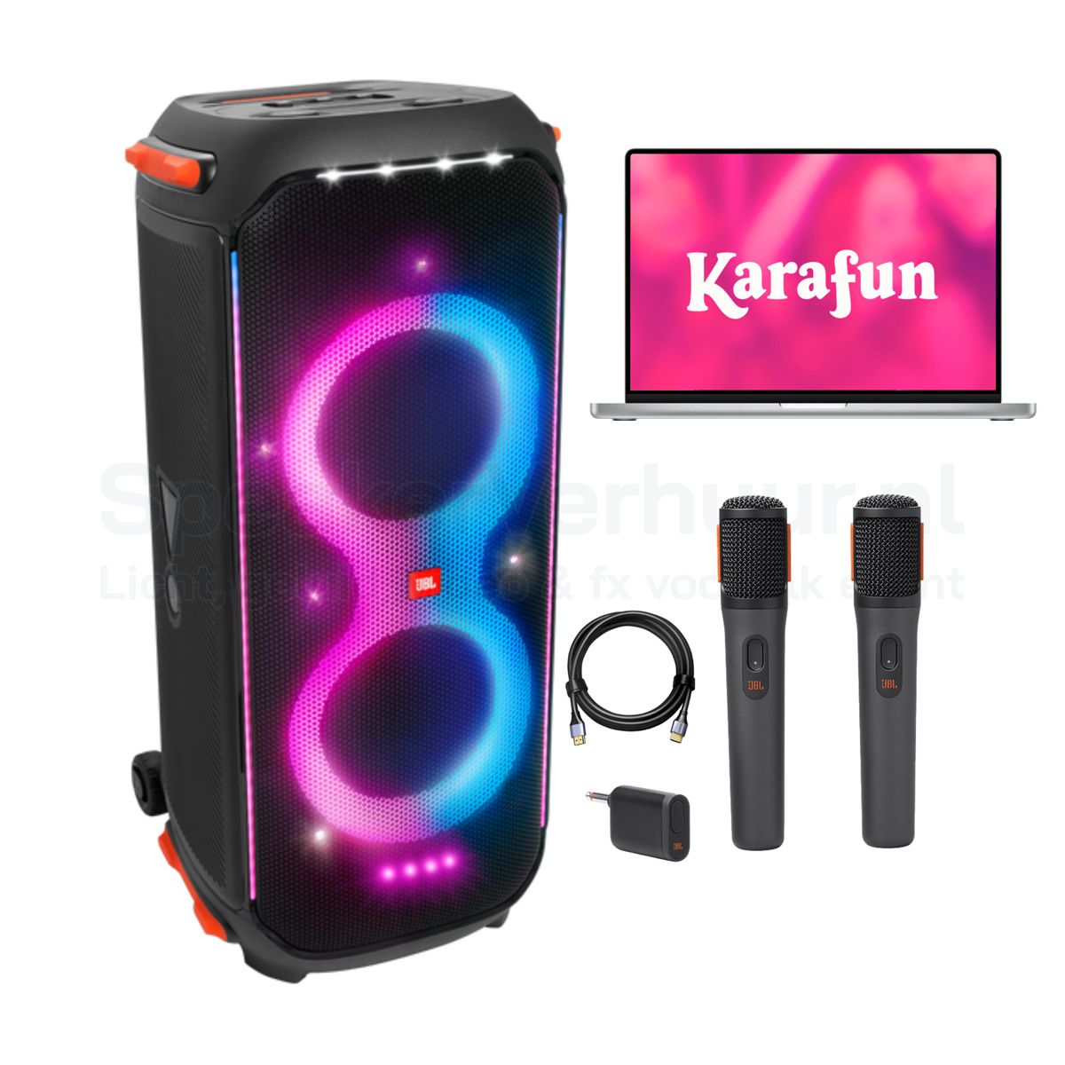 JBL PartyBox karaoke set met KaraFun MacBook voor 50 personen huren inclusief aansluiting op een TV-scherm en draadloze microfoons